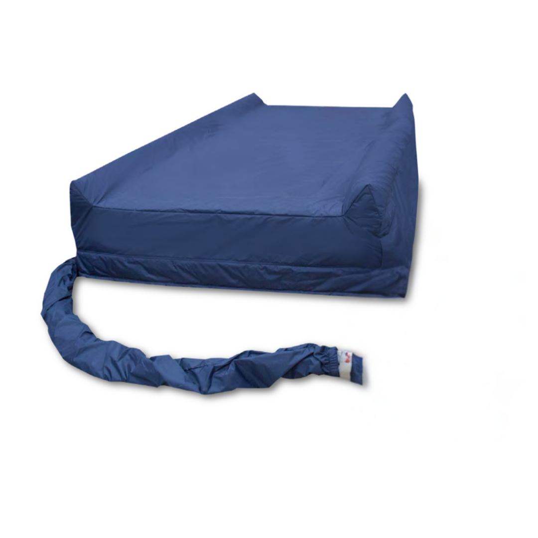 The Prius DynaFlow LAL Bariatric Alternating Pressure Mattress System, shown on a white background, is designed for high weight capacity and features raised side supports with an attached fabric tube.